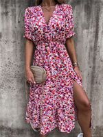 Casual Flower V Neck Short Sleeve Printing Slit Polyester Dresses Maxi Long Dress Regular Dress main image 3