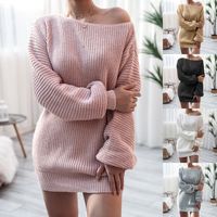 Women's Sweater Dress Elegant Boat Neck Long Sleeve Solid Color Above Knee Daily main image 6