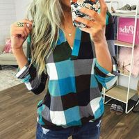 Women's Blouse Long Sleeve Blouses Printing Patchwork Casual Plaid main image 5