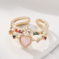 Fashion Heart Shape Flower Copper Enamel Plating Inlay Artificial Pearls Zircon Open Ring 1 Piece sku image 1