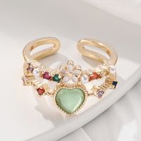 Fashion Heart Shape Flower Copper Enamel Plating Inlay Artificial Pearls Zircon Open Ring 1 Piece main image 3