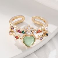Fashion Heart Shape Flower Copper Enamel Plating Inlay Artificial Pearls Zircon Open Ring 1 Piece sku image 2