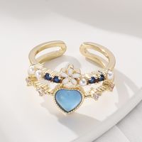 Fashion Heart Shape Flower Copper Enamel Plating Inlay Artificial Pearls Zircon Open Ring 1 Piece sku image 3