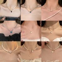 Cool Style Heart Shape Pearl Butterfly Titanium Steel Plating Inlay Artificial Gemstones Pendant Necklace 1 Piece main image 1