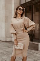 Women's Pencil Skirt Elegant Round Neck Patchwork Long Sleeve Solid Color Knee-length Daily sku image 10