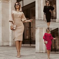 Women's Pencil Skirt Elegant Round Neck Patchwork Long Sleeve Solid Color Knee-length Daily sku image 3