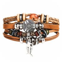 European And American Creative Retro Punk Fishbone Men's Brown Multi-layer Leather Bracelet main image 2