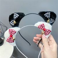 Cute Plaid Bells Cat Ears Bows Hair Hoop Plush Cosplay Head Hoop main image 1