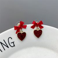 Simple Red Heart Earrings Cute Korean Bow Alloy Drop Earrings main image 1