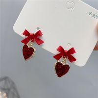 Simple Red Heart Earrings Cute Korean Bow Alloy Drop Earrings sku image 1