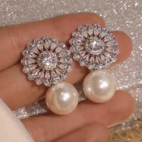 Nouvelle Mode Fleur Perle Zircon Boucles D&#39;oreilles Nuptiale Fiançailles Bijoux En Cuivre main image 1