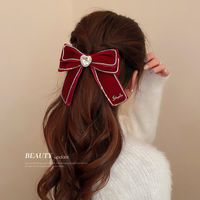 New Year's Retro Red Hairpin Christmas Headdress Diamond Pearl Fabric Bow Spring Clip main image 3