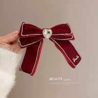 New Year's Retro Red Hairpin Christmas Headdress Diamond Pearl Fabric Bow Spring Clip main image 4