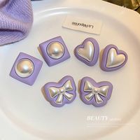 Vintage Purple Contrast Color Pearl Geometric Heart Earrings Wholesale main image 2