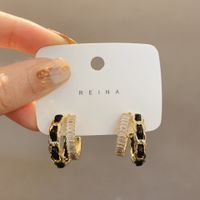 Fashion Zircon Leather C-shaped Double-layer Design Alloy Earrings sku image 1