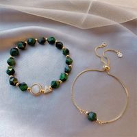 Simple Green Gemstone Bracelet Korean Style Tiger Eye Stone Alloy Bracelet 2-piece Set sku image 1
