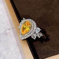 New Luxury Full Diamond Water Drop Pear-shaped Yellow Diamond Zircon Copper Ring main image 4