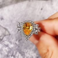 New Luxury Full Diamond Water Drop Pear-shaped Yellow Diamond Zircon Copper Ring main image 5