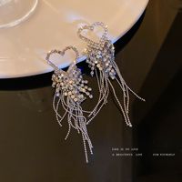 Fashion Rhinestone-studded Rice Beads Heart Tassel Earrings Wholesale main image 3