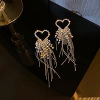 Fashion Rhinestone-studded Rice Beads Heart Tassel Earrings Wholesale sku image 1