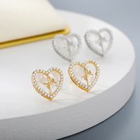 Korean Fashion Simple Heart-shaped Inlaid Zircon Copper Earrings main image 3