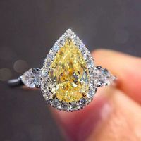 Simple Yellow Water Drop Pear-shaped Zircon Ring Copper Ring main image 3