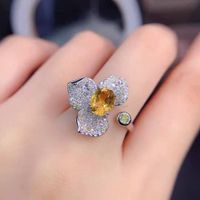 Fashion Copper Three-leaf Flower Yellow Diamond Color Treasure Opening Ring main image 5