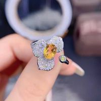 Fashion Copper Three-leaf Flower Yellow Diamond Color Treasure Opening Ring main image 6