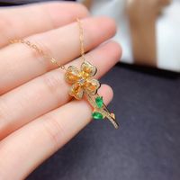 Fashion Four-leaf Clover Necklace Imitation Natural Emerald Copper Pendant main image 3