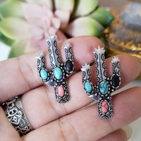 New Retro Cactus Earrings Inlaid Colorful Turquoise Exaggerated Earrings Wholesale main image 2