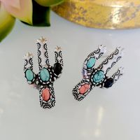 New Retro Cactus Earrings Inlaid Colorful Turquoise Exaggerated Earrings Wholesale main image 5