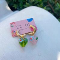 French Niche Design Gold Earrings Heart Glass Peach Heart Contrasting Flower Earrings sku image 1