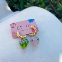 Pendientes De Oro Con Diseño De Nicho Francés, Corazón De Cristal, Corazón De Melocotón, Pendientes De Flores En Contraste. sku image 2