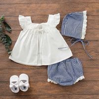 Verano Bebé Blanco Fly-sleeve Top Lace Plaid Shorts Estampado Plaid Hat main image 3