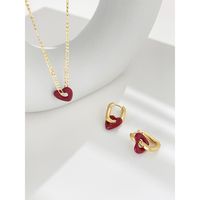 Retro Cute Art Heart Shaped Red Earrings Necklace Female Ear Buckle Copper Clavicle Chain main image 1