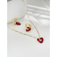 Retro Cute Art Heart Shaped Red Earrings Necklace Female Ear Buckle Copper Clavicle Chain main image 5