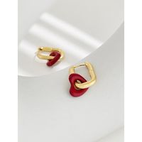 Retro Cute Art Heart Shaped Red Earrings Necklace Female Ear Buckle Copper Clavicle Chain sku image 1