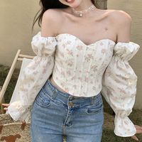 Fashion Off Shoulder Puff Sleeve Floral Shirt Chiffon Shirt Summer Thin Women sku image 1