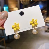 Fashion Yellow Flower Pearls Contrast Color Cute Copper Earrings Wholesale main image 1