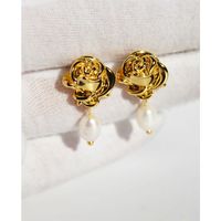 Retro Golden Camellia Vintage Pearl Rose Copper Earrings sku image 1