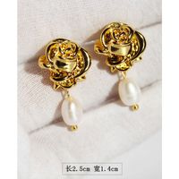 Retro Golden Camellia Vintage Pearl Rose Copper Earrings main image 4