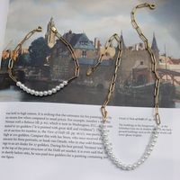 Fashion Half Stitching Chain Pearl Titanium Steel Plated 18k Gold Necklace Bracelet main image 2