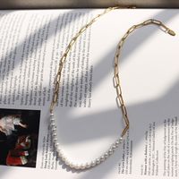 Fashion Half Stitching Chain Pearl Titanium Steel Plated 18k Gold Necklace Bracelet main image 3