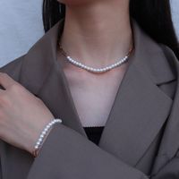 Fashion Half Stitching Chain Pearl Titanium Steel Plated 18k Gold Necklace Bracelet main image 4
