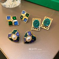 Green Drop Oil Oval Earrings Square Stud Earrings Korean Earrings main image 4