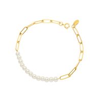 Fashion Half Stitching Chain Pearl Titanium Steel Plated 18k Gold Necklace Bracelet sku image 1