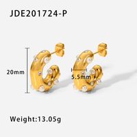 Fashion C-shaped 18k Gold Stainless Steel Hammer Pattern Pearl Inlaid Zircon Women's Earrings sku image 1
