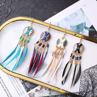 Bohemian Two-tone Long Feather Rice Beads Stud Tassel Earrings main image 1