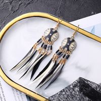 Bohemian Two-tone Long Feather Rice Beads Stud Tassel Earrings main image 5