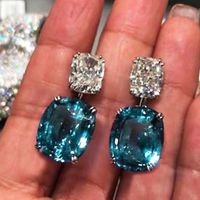 Fashion Square Diamond Zircon Earrings Peacock Blue Crystal Copper Earrings sku image 1